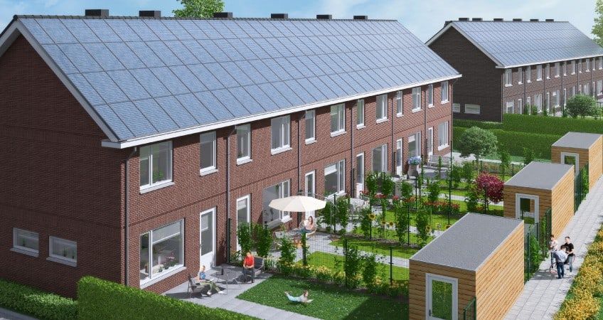Impressie van wijk reerhorst met bruine rijtjeshuizen met kleine tuin