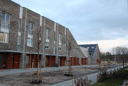 Modern beige huizen met bestrating met boompjes