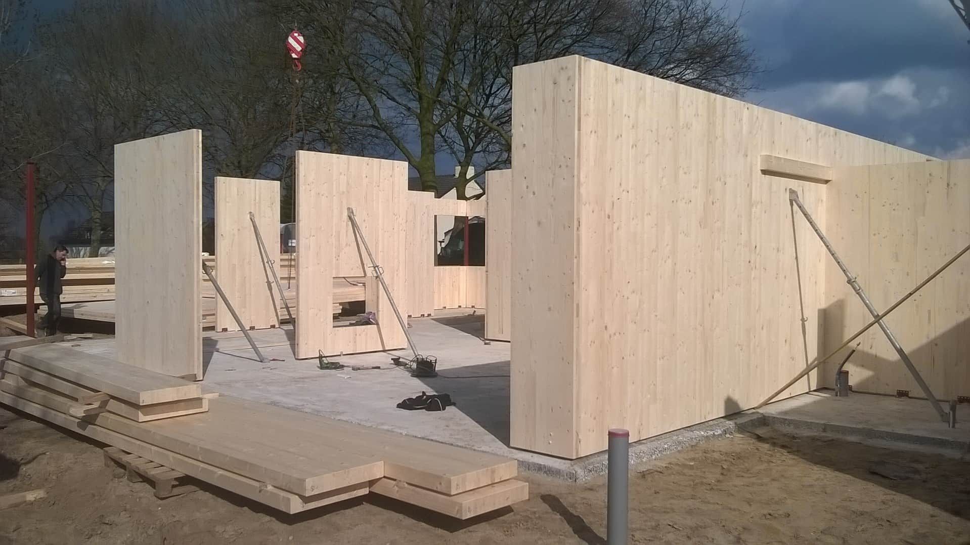 Houten planken waarvan een gebouw van gemaakt wordt met donkere lucht en kale bomen