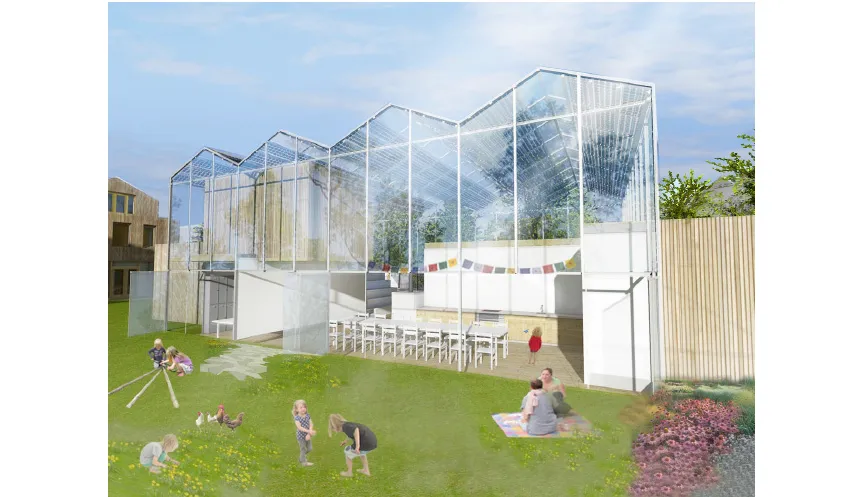 Tekening van een glazen kas met de onderkant open met daarin een grote, witte tafel met stoelen, veel bomen en zittende mensen op het grasveld ervoor