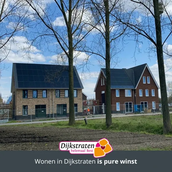 Twee-onder-een-kap woningen met gele en rode bakstenen aan een grasveld met bomen