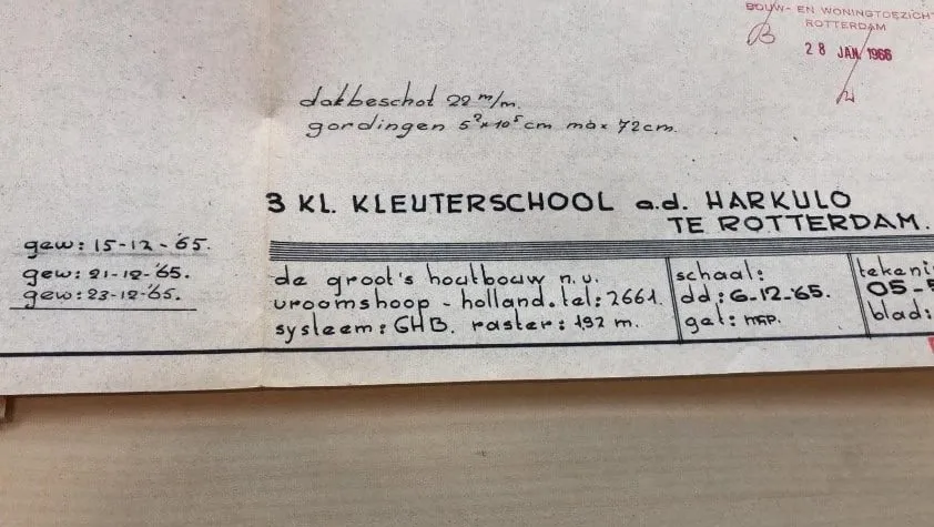 Een papier uit 1966 voor dezelfde kleuterschool die ook door De Groot Vroomshoop is gebouwd