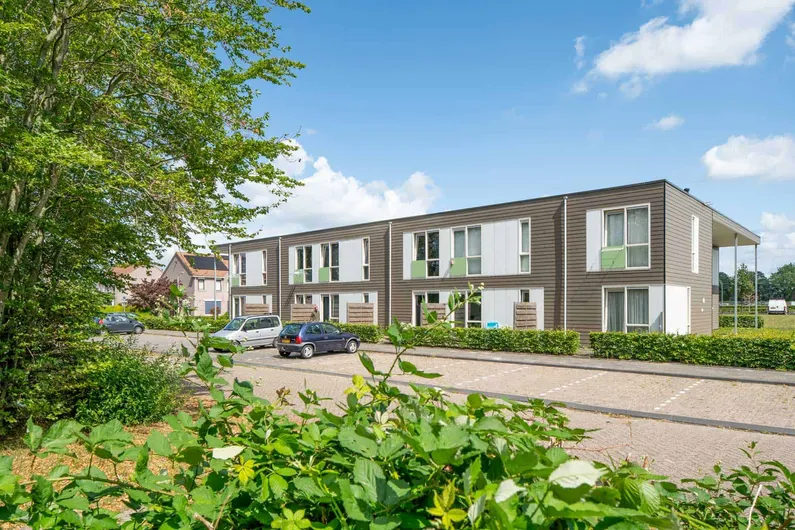 De semipermanente woningen in Drachten vanaf het straatbeeld met groen veel natuur ervoor