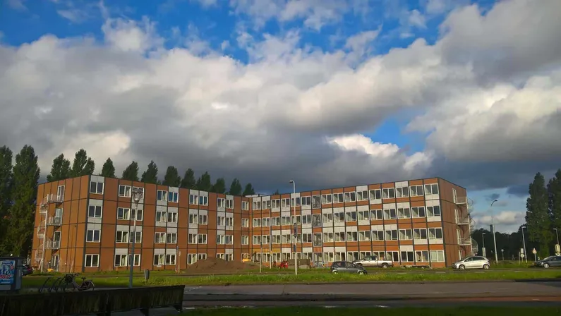 Wooncomplex van hout met witte panelen aan een weg met gras en auto's